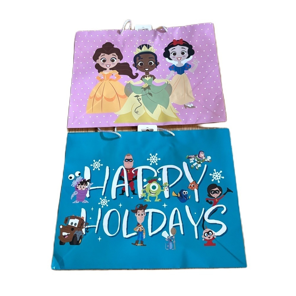 Disney Purple Princess Gift Bag and Blue "Happy Holidays" Christmas NEW Pixar